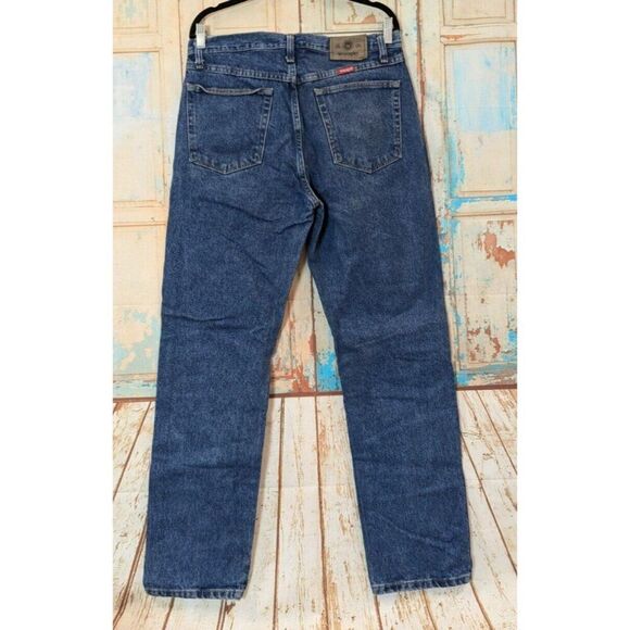 Wrangler Mens 33x32 Blue Denim Jeans Solid Pure Cotton Pockets Tapered Mid Rise - Picture 3 of 7